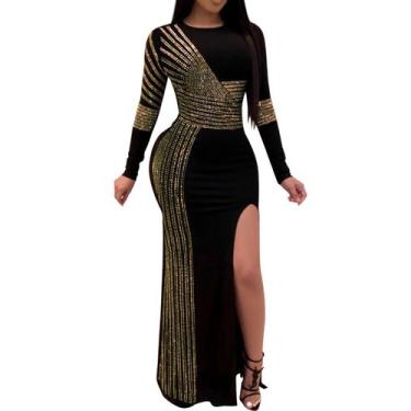 Imagem de Vestido sexy de strass Nagfar com fenda e manga comprida para mulheres
