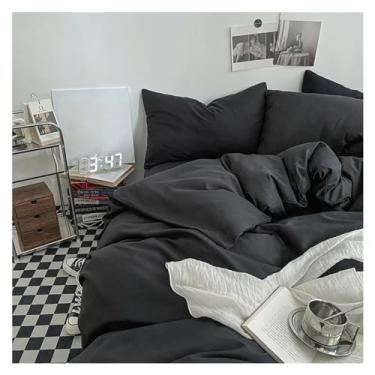 Imagem de Conjunto de roupa de cama de cor lisa, conjunto de 4 peças, 1 capa de edredom, 1 lençol com elástico e 2 fronhas, conjunto de capa de edredom tamanho Queen King (Queen preto)