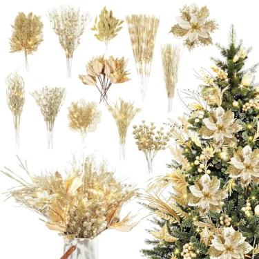 Imagem de Yerliker 108 palhetas e sprays de Natal com glitter dourado, decoração de árvore de Natal artificial, galhos de cedro falsos, caules de flores para centro de mesa, guirlanda, vaso faça você mesmo