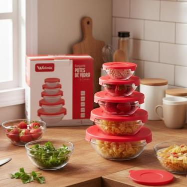 Imagem de Conjunto 5 Potes de Vidro Tampa Vermelha 135ml a 1000ml  Hermético, Em