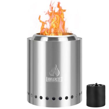 Imagem de BLOCE Fogueira de mesa, fogão de acampamento, fogueira sem fumaça para exterior e pátio com bolsa de viagem portátil, alimentada por grânulos ou madeira, aço inoxidável (21 x 19 cm, prata)