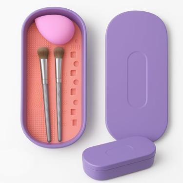 Imagem de 2 ORCHIDS Tapete de limpeza de pincéis de maquiagem e caixa de armazenamento, ferramenta de limpeza de pincéis de maquiagem com rack de secagem para pincéis, esponjas, armazenamento portátil de