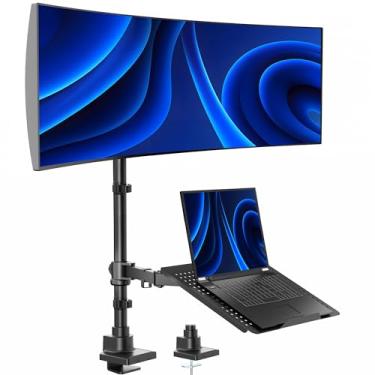 Imagem de VIVO Suporte de mesa extra alto para monitor ultralargo de até 124.5 cm e bandeja para laptop de até 43.2 cm, suporte ajustável de fixação comporta telas de 20 kg, VESA até 100 x 100, preto