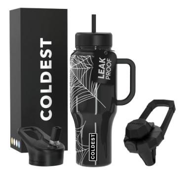 Imagem de Copo Coldest com alça e canudo, copo isolado 100% à prova de vazamento com tampa e canudo (3 tampas), copos de aço inoxidável para mulheres e homens, base compatível com porta-copos, 1,020 g (teias
