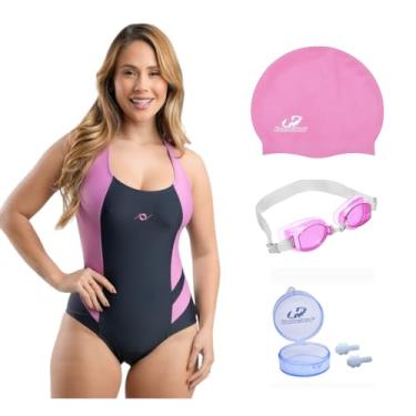 Imagem de Kit Maiô Natação Hidroginástica Touca Silicone Óculos Uv E Protetor De Ouvido (Grafite/Rosa - Óculos Rosa, XGG)