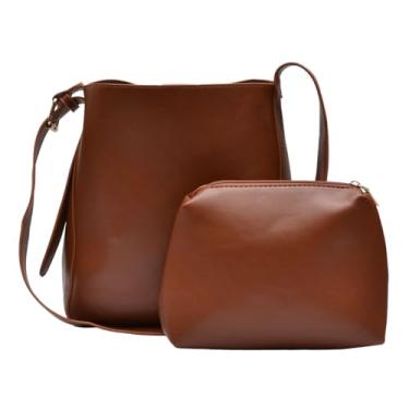Imagem de Nupouch Bolsa tiracolo grande Calla Milan, bolsa feminina de couro vegano, elegante, bolsa com zíper, conjunto de 2 peças, estilo moderno, Marrom