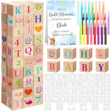 Imagem de Wonderjune 147 conjuntos de jogos de blocos de chá de bebê, 80 blocos de madeira em branco faça você mesmo, 42 estêncis, 24 marcadores de aquarela, 1 placa de jogo de bloco para revelar gênero