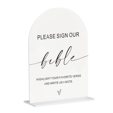 Imagem de Por favor, assine nossa placa de casamento acrílica da Bíblia – Placa de arco de 15 x 20 cm com placa de mesa de caligrafia base para livro de visitas, decoração de recepção de cerimônias