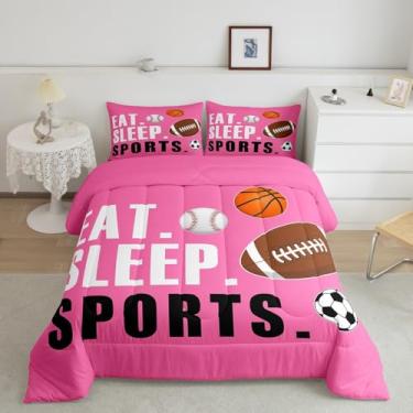 Imagem de Conjunto de edredom de futebol americano para meninos e meninas, rosa choque, presente para amantes de esportes, ultramacio, futebol, basquete, beisebol, edredom respirável, leve, de microfibra