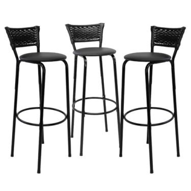 Imagem de Kit 3 Banquetas Altas 80cm Estrutura Preta Encosto Junco Preto Ideal Bancada Cozinha Americana Bares Balcão Ilha Área Gourmet Piscina Itagold (Assento Preto)