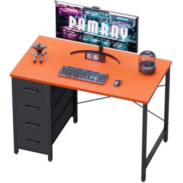 Imagem de Pamray Mesa de computador de 81 cm com 4 gavetas, pequena mesa de escritório para casa, quarto, estudo, escrita, simples, moderna, mesa de computador, laranja