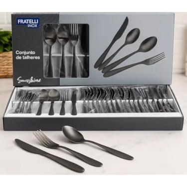 Imagem de Faqueiro Jogo Talheres Black Aço Inox 24 Peças Sofisticado Durável Moderno Mesa Posta Jantar Almoço Churrasco Sunshine