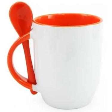 Imagem de Caneca para Bebidas Quentes com Colher (Base Curva) 325 ml a Colher Não Cai Da Caneca. (laranja)
