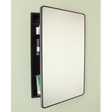 Imagem de Gabinete de remédios de banheiro embutido retangular arredondado de metal Austin Farmhouse, espelho chanfrado, abertura de parede de 45,7 x 71 cm, aço revestido a pó, prateleiras de vidro ajustáveis