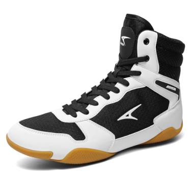 Imagem de ASHION Tênis masculino de luta livre, leve, cano alto, fitness, halterofilismo, sola zero drop, Branco/preto, 42