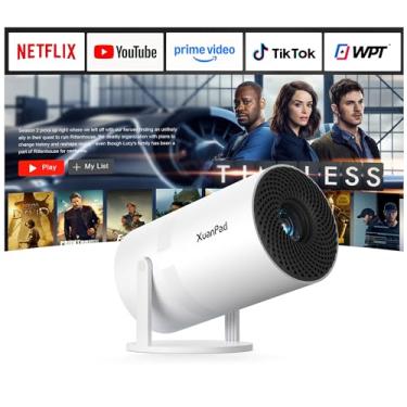 Imagem de XuanPad [Foco elétrico] Mini projetor 4K 1080P compatível com Android TV, projetor portátil com WiFi 6 e Bluetooth, projetor de filmes ao ar livre com rotação de 180° para telefone