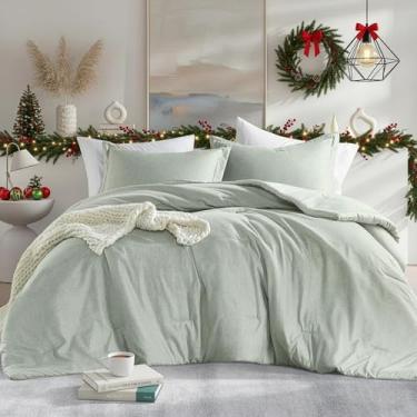 Imagem de Regency Heights Conjunto de edredom casal/Queen, leve, verde sálvia, macio, para todas as estações, 3 peças, estampa de cambraia sólida, edredom e fronhas