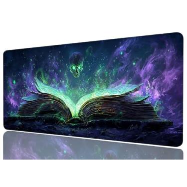 Imagem de Spellbook Mouse pad estendido verde e roxo Magic Evil Skull Mousepad GG grande mouse pad gamer laptop teclado pad mesa escritório computador teclado laptop casa, 31,5 x 11,8 polegadas