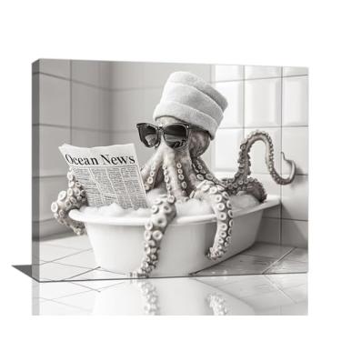 Imagem de Olivine Arte de parede de polvo, decoração de parede com imagens engraçadas de animais, pintura em preto e branco, impressões em tela de banheira de polvo, arte emoldurada para banheiro, quarto, sala