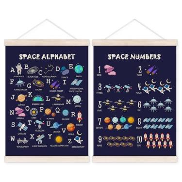 Imagem de TWRVI Cabide de pôster de números do alfabeto do berçário espacial com moldura de madeira, decoração de parede de berçário espacial para sala de aula, pôsteres educacionais para quarto de crianças
