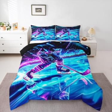 Imagem de Erosebridal Jogo de cama solteiro de hóquei no gelo, para crianças, adolescentes, adultos, esportes de inverno, jogos de bola, edredom azul neon
