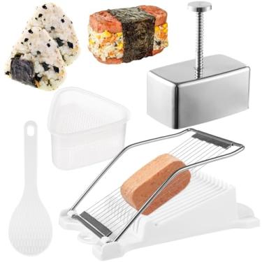 Imagem de Kit de máquina com 4 componentes, prensa de aço inoxidável, moldes de arroz, fatiador e remo para lancheiras