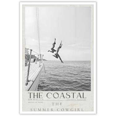 Imagem de Vaca menina jornal surf lona pôsteres vintage verão preto e branco surfe arte de parede engraçado oceano praia natação impressão pintura para sala de estar quarto decoração de parede 30,5 x 40,6 cm