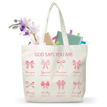 Imagem de JUSITAKEET Sacola Bíblia, Sacola de Laço Rosa Cristão para Mulheres, Bolsas Inspiradoras para Estudo da Bíblia Versículo Bolsas para Família, God Says You Are, Bolsa de Laço Rosa para Amigos, Bolsa de