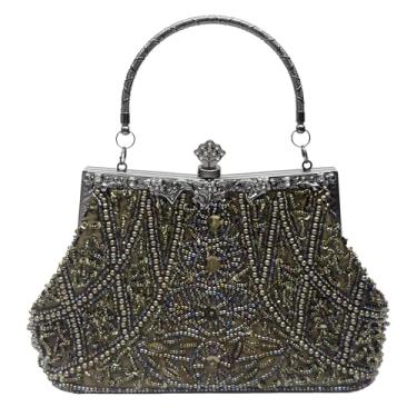 Imagem de YUGAORULI Bolsa de mão vintage floral com lantejoulas de strass bordada, bolsa de mão para noite, festa de casamento e formatura, Verde oliva, 9"L x 6.1"H x 2.8"W