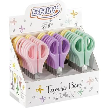 Imagem de Tesoura Escolar, BRW, Aço, 13 cm, com Régua, 4 Cores Pastel, Display com 24