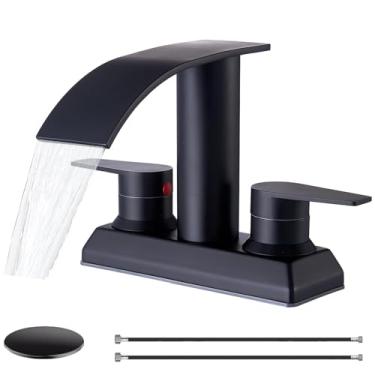 Imagem de Ufaucet Torneira de banheiro cachoeira, preto fosco, conjunto central de 10 cm 2 ou 3 furos, torneira de aço inoxidável com duas alças, torneira misturadora de lavatório para pia com dreno pop-up e