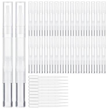 Imagem de 50 canetas giratórias recarregáveis de 3 ml com pontas de pincel e 10 conta-gotas, tubos cosméticos transparentes para óleo de unhas, brilho labial e líquido para cílios