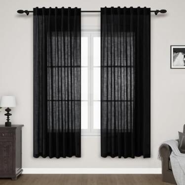 Imagem de Cortinas pretas de linho transparente de 177 cm de comprimento para sala de estar, cortinas de porta leves, conjunto de 2 painéis com bolso traseiro para varão, para cozinha, quarto de crianças,