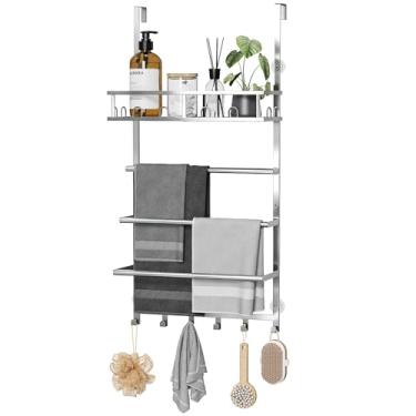 Imagem de Aetyord Toalheiro para banheiro sobre a porta toalheiro armazenamento de toalhas com cesta de prateleira de metal e ganchos prata