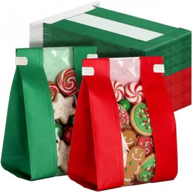 Imagem de AmazingSpark 120 sacos de confeitaria de Natal com janela, vermelho e verde, 10 x 6,36 x 16,7 cm, trava pequena de papel kraft de Natal, lembrancinha de festa de pipoca para férias de inverno