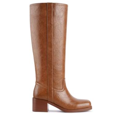 Imagem de Gothictor Botas femininas de cano alto banana bico quadrado salto grosso confortável salto baixo puxar na panturrilha larga botas longas para mulheres, Sela, 38 BR