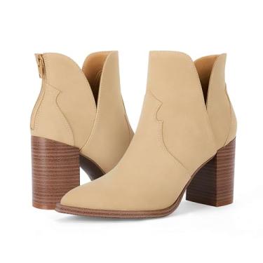 Imagem de Coutgo Botas femininas recortadas no tornozelo, bico fino, salto grosso, zíper nas costas, sapato de bota ocidental, Cáqui claro, 35