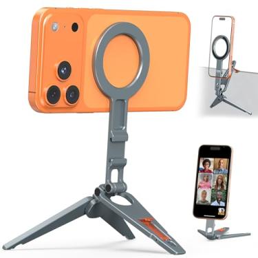 Imagem de VRIG Tripé magnético para celular MG-34, suporte dobrável de alumínio para celular com orifício de parafuso de 1/10.2 cm, suporte de sapata fria e gancho, compatível com iPhone 16/15/14/13/12 todas as