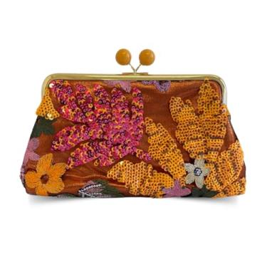 Imagem de Bolsa Clutch Vintage Feminina, Tecido Sintético com Bordado Floral, Alça Corrente Dourada, 24.5x14x4.5cm, Fecho Metálico, Estilo Elegante para Festas (Laranja)