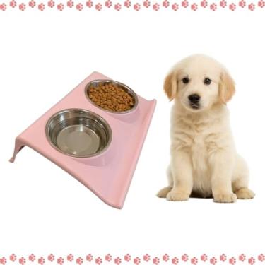 Imagem de Comedouro Pet Cachorro Gato Duplo Elevado Tigela Inox Comida Rosa Claro