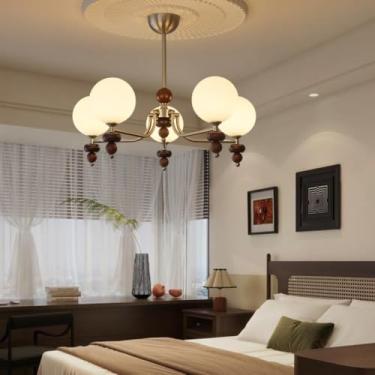 Imagem de Lustre francês retrô de vime, modelo 2025 - Luminária de teto cor creme em estilo meados do século | Iluminação principal para sala de estar e hall (5 lâmpadas)