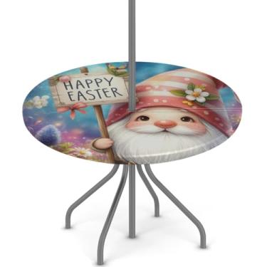 Imagem de hongjinglin Toalha de mesa de Páscoa para uso ao ar livre com orifício para guarda-chuva, toalha de mesa redonda elástica com zíper, impermeável, limpável, para piquenique, festa, pátio, serve para