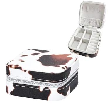 Imagem de Jinglong Caixa de joias de viagem com estampa de gado, organizador de joias compacto e adorável, adequado para anéis, colares e brincos, caixa de armazenamento portátil de joias (padrão de vaca rosa e