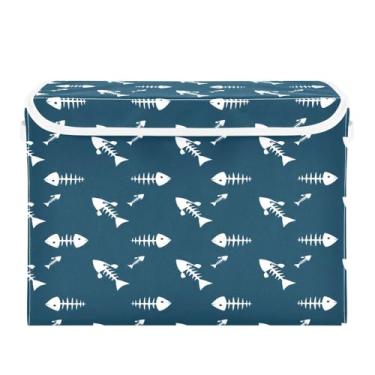 Imagem de Wassud Cestos de armazenamento dobráveis com tampas, esqueleto de peixe branco, cestas organizadoras de tecido dobrável para armário, casa e decoração sazonal 41,5 x 32,5 x 39 cm