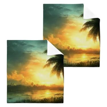 Imagem de WELLDAY Toalhas de banho paisagem ao anoitecer, pacote com 2 panos de lavagem de algodão de 30 x 30 cm, toalhas de rosto altamente absorventes e macias para banheiro, academia, hotel e spa