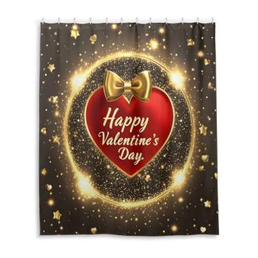 Imagem de Wassud Cortinas de chuveiro círculo dourado e coração vermelho cortina de chuveiro para banheiro decoração impermeável conjunto de cortina de chuveiro com 12 ganchos 152 x 182 centímetros