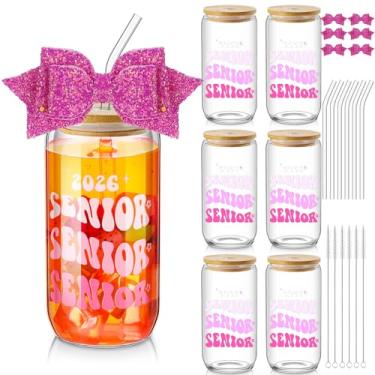 Imagem de Hushee Conjunto de 6 garrafas de água de vidro de 473 ml para idosos, presentes para a noite de 2026, com tampas, canudos, laço de glitter, topo de palha, presente de formatura para senior 2026 para