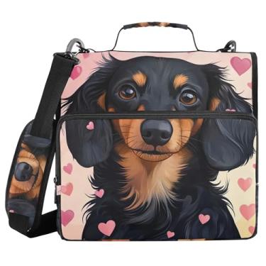 Imagem de xigua Fichário preto com zíper Dachshund com alça de ombro e alça para transporte fácil, fichário de 3 anéis de 3 cm para escola, painel de expansão e arquivo expansível