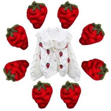 Imagem de Apliques de crochê de morango para cobertores, 8 peças de enfeites bordados decorativos costurados à mão para bolsa, roupas, tiaras, chapéus, travesseiro, vermelho