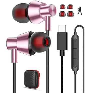 Imagem de iMangoo Fones de ouvido USB C com fio com microfone, som estéreo de alta fidelidade, chip DAC, cabo trançado, sem emaranhamento, tamanhos P, M, G, pontas e estojo de transporte para iPhone 15/16/17